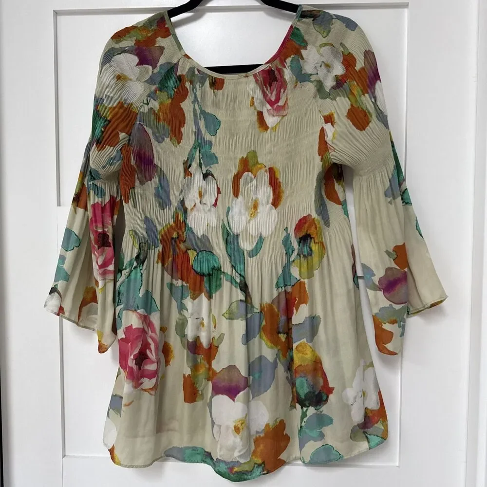 SPENSE Muted Floral Blouse - Blue Teal Pink - 3/4 Sleeves Ladies Med